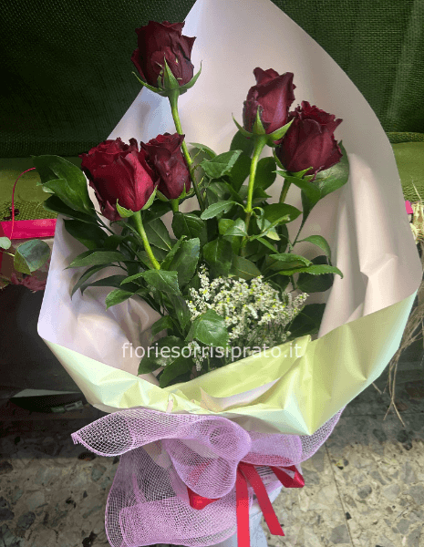 5 ROSE ROSSE A GAMBO LUNGO CONFEZIONATE