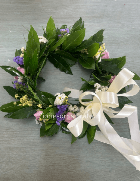 CORONA D'ALLORO CON ROSE E FIORI SECCHI