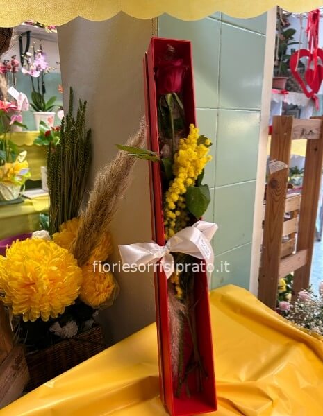 SCATOLA CON ROSA ROSSA E MIMOSA