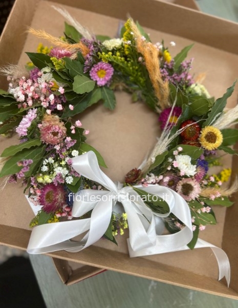 CORONA D'ALLORO CON FIORI FRESCHI E SECCHI