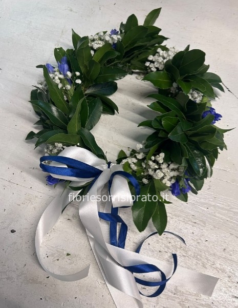CORONA D'ALLORO CON GENZIANA BLU E GYPSOPHILA
