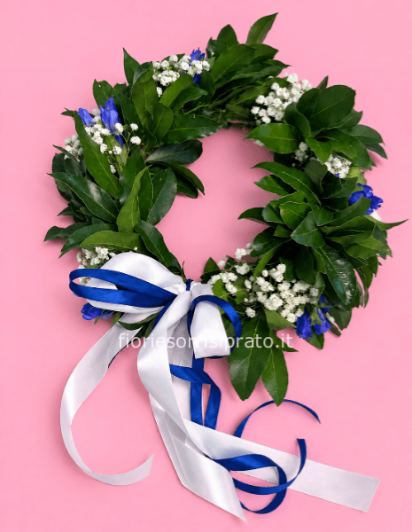 CORONA D'ALLORO CON GENZIANA BLU E GYPSOPHILA